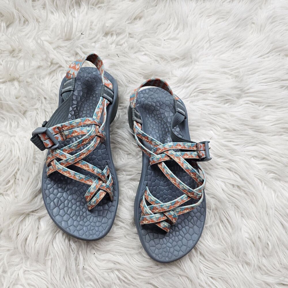Chaco Sports Hiking Sandals Size 6 Women’s Strappy Orange Teal Blue Toe Loop